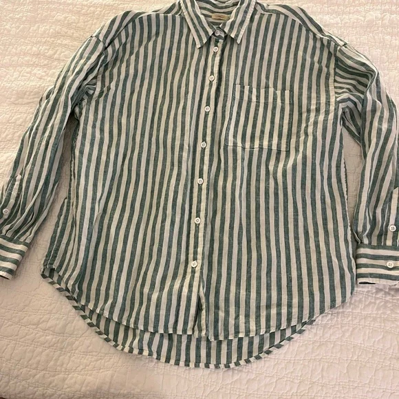 Faherty Laguna Linen relaxed blouse green white stripe L - Picture 2 of 11